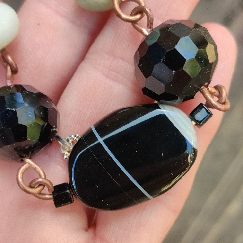 🔥 Vintage Copper Black Banded Agate,Jade And Faceted Black Onyx Bracelet - Picture 7 of 8
